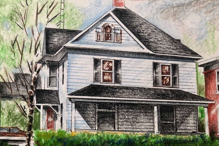 Homepage - A Hand-Drawn and Colored Image of a House and Trees
